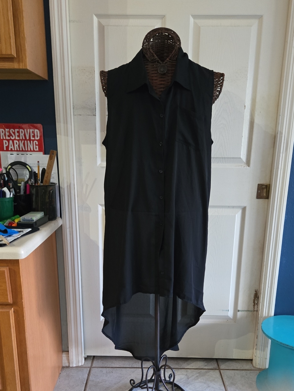 Sky Black Sleeveless High-Low Button Sheer Top -Size XL